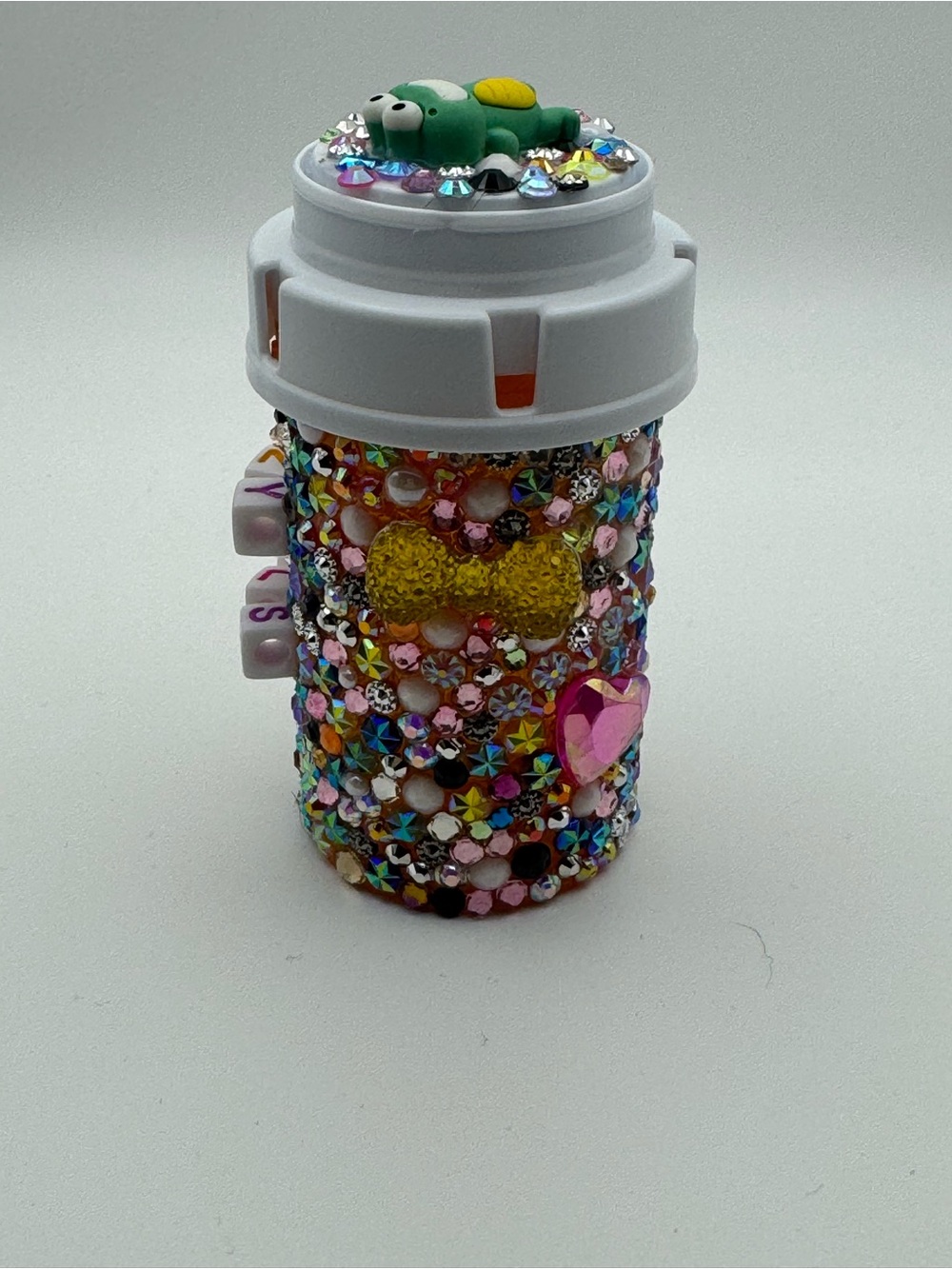 Hand Crafted Multicolor Bedazzled Pill Bottle Cover with Frog Accent - Picture 2 of 4